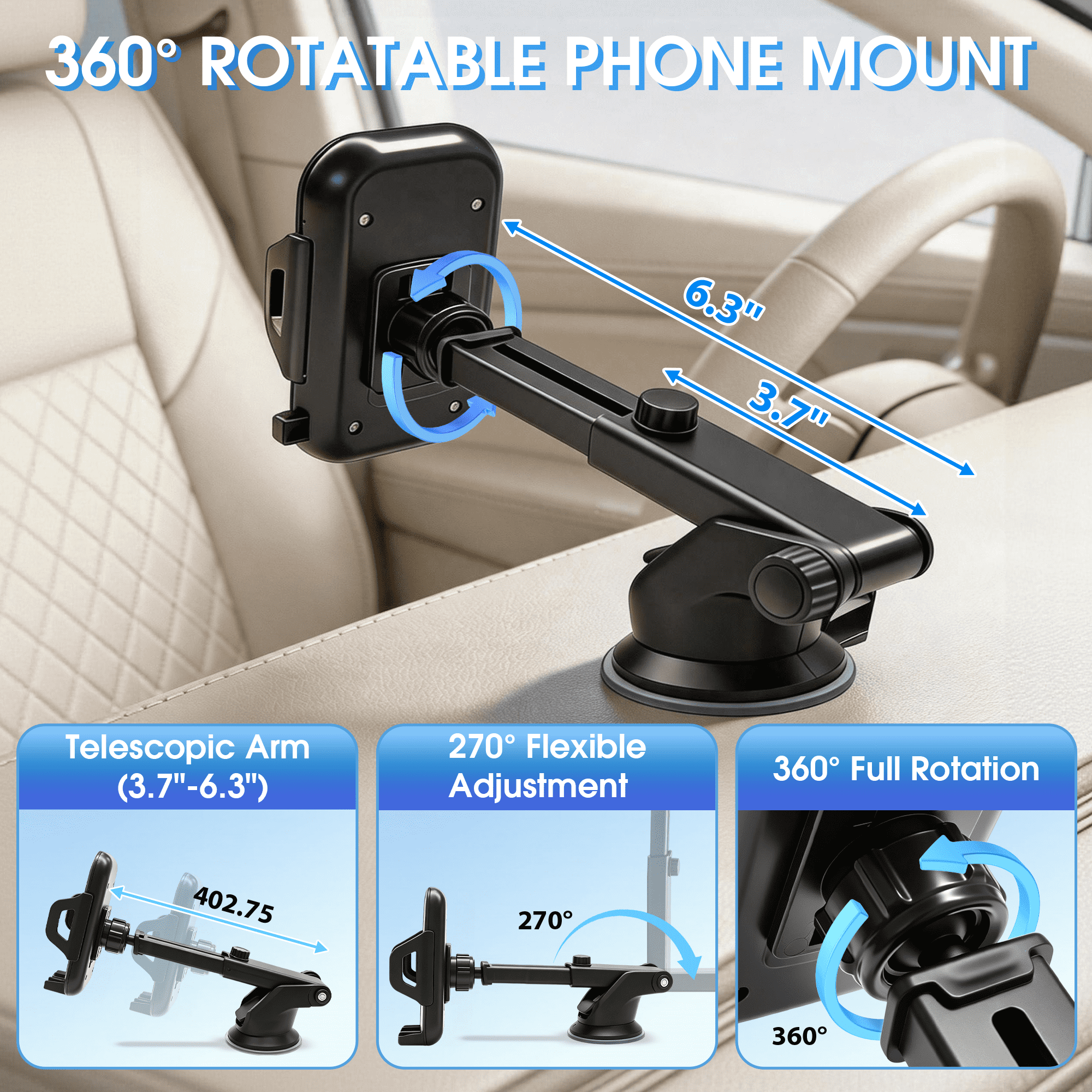 GARITIN Car Phone Holder Suction Cup 360° Adjustable Car Phone Mount, Cell Phone Holder for Dashboard Windshield Air Vent