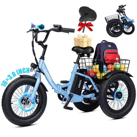 ESKUTE T300mini Electric Tricycle for Beginners, 16" x 3.0 Fat Tire Folding 3-Wheel E-Bike, 250W Motor 12 MPH, 302Wh Battery, Step-Thru, Blue with Oversized Seat, UL2849