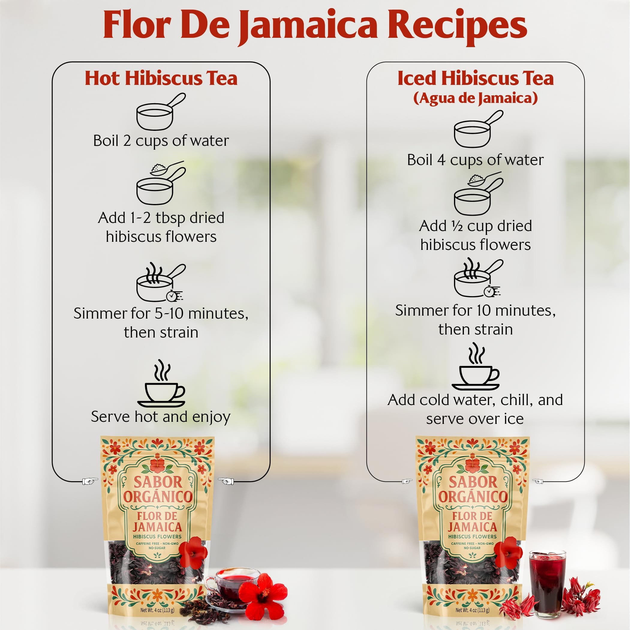 2LB Whole Dried Hibiscus Flowers (Flor de Jamaica) for Hibiscus Tea & Mexican Agua Fresca | Natural, Non-GMO, No Preservatives | Includes Resealable 1lb Stand-Up Pouches | Sabor Orgánico