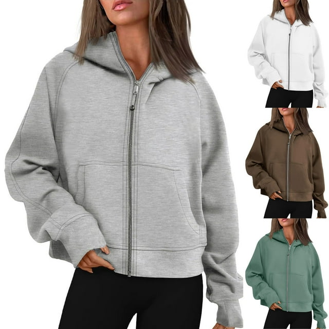 BiZtdJrK Chandail en Molleton Court pour Femmes Vestes à Fermeture Éclair Complète Manches Longues Chandails en Molleton à Capuche Coupe Ample Décontractée Automne avec Poches Marron m