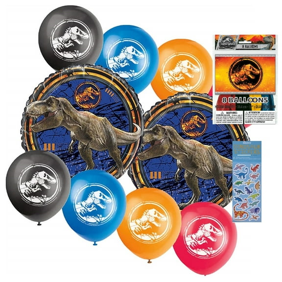 Jurassic World Birthday Party Supplies Decoration Bundle Pack Includes 2 Mylar Foil Balloons 18", 8 Latex Balloons 12", Dinosaur Sticker Sheet