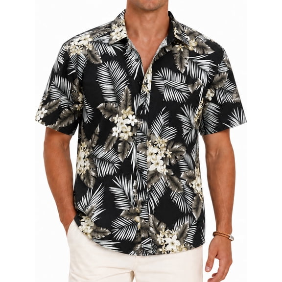 Sumtumn Hawaiian Shirt for Men,Summer Beach Short Sleeve Button Down Shirts Black Palm Clothing