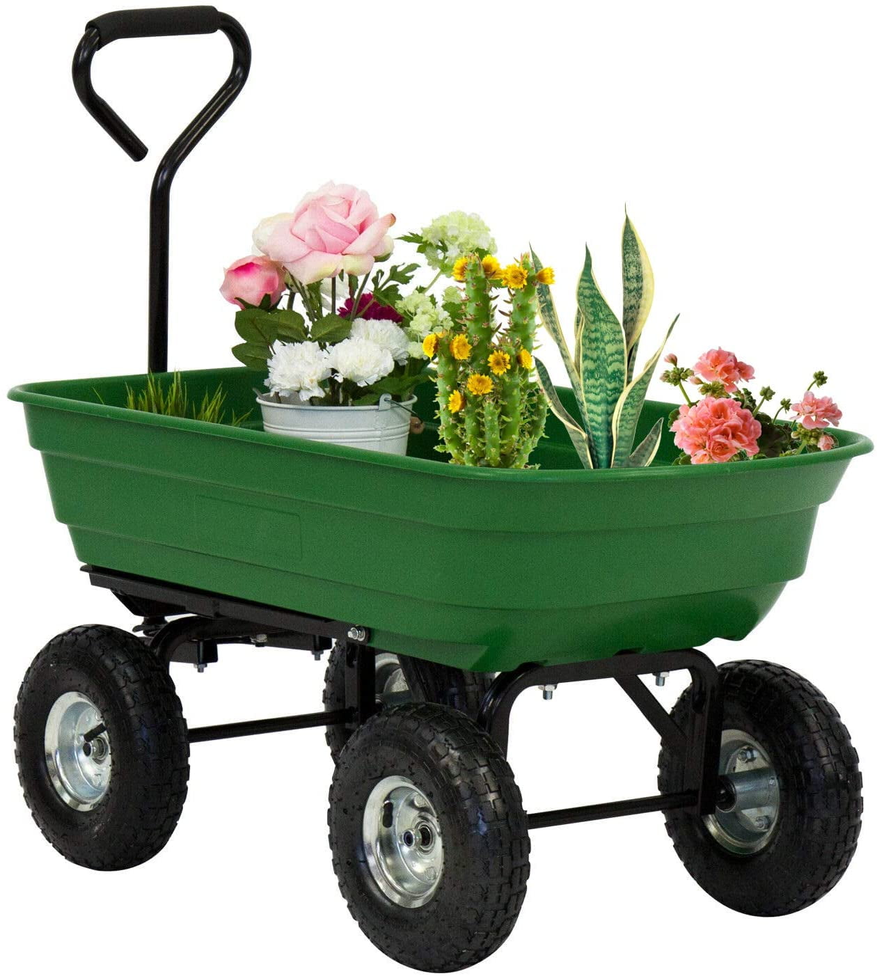 Green ZeHuoGe Green Cart Poly Pulling Wagon Garden Dump Cart Wagon Carrier 4 Rugged Wide-Track Air Tires with Heavy Duty Steel Frame & 10 Pneumatic Tires 300Lbs Capacity