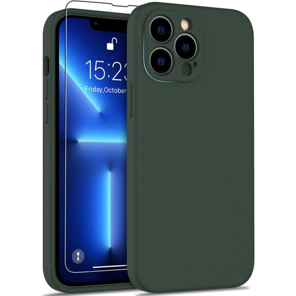 Compatible with iPhone 13 Pro Max Case with Screen Protector - Silky Soft Silicone - Enhanced Camera Cover - Slim Fit Protective Phone Case for Men Women Girls 6.7" - Army Green