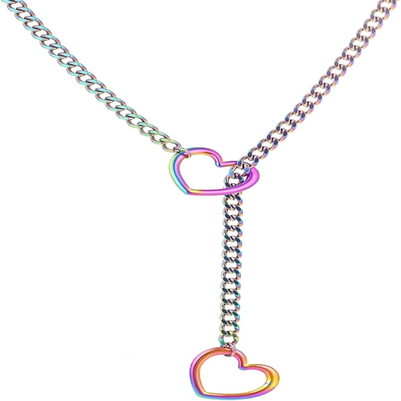 DESIGNICE Heart Slip Chain Necklaces for Women, Stainless Steel O-Ring Adjustable Lariat Heart Y-Necklace, Punk Cuban Choker Necklace for Women