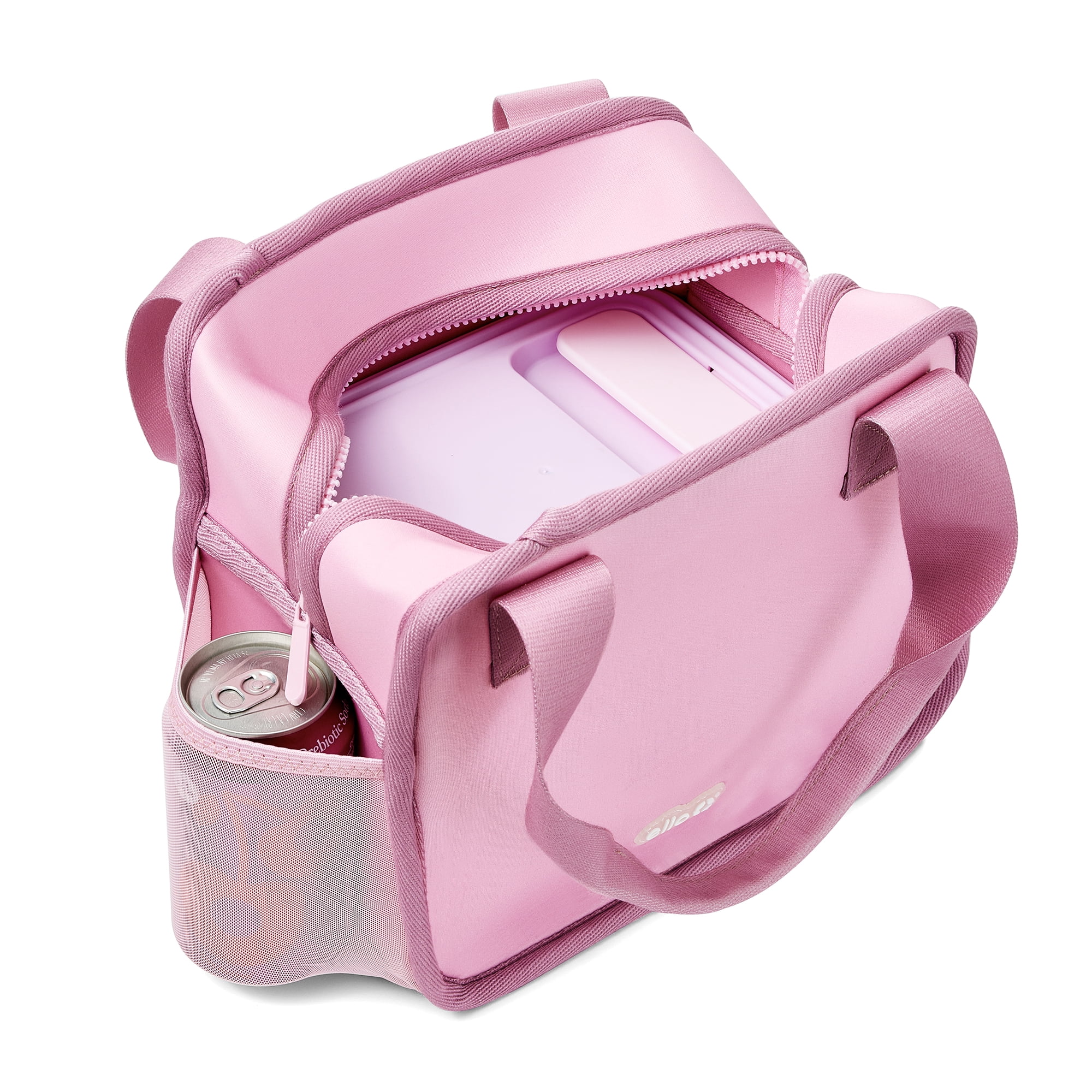 Ello Lunch Tote | Reusable Zippered Lunch Bag | Neoprene, Machine Washable with Pockets | Fits Most Meal Prep Containers | for Work, School & Travel | Pink Solid