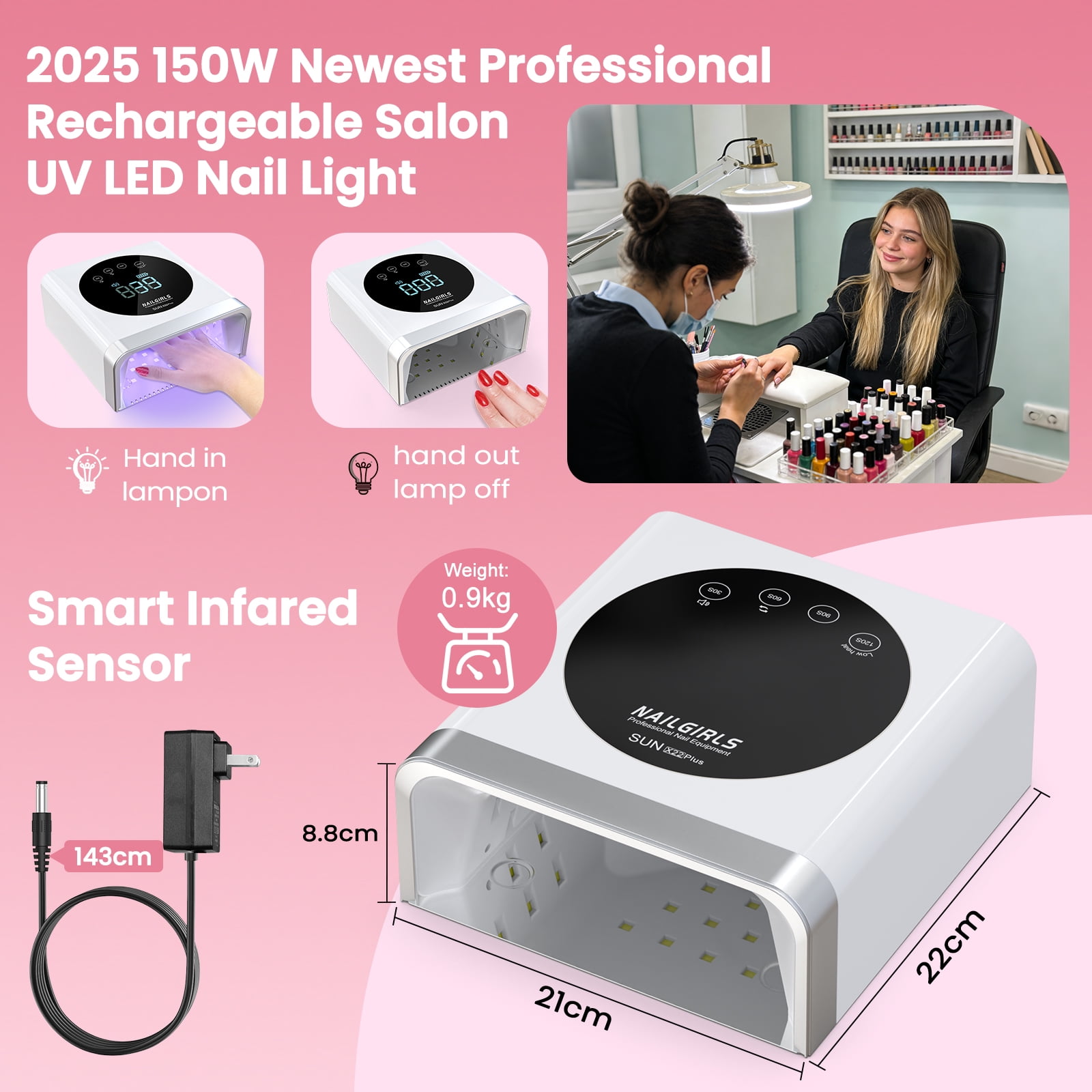 Rechargeable LED Nail Lamp, 150W Professional UV Nail Light for Gel Polish with 4 Timers & Smart Sensor, 36 PCS Powerful Lamp Beads, LCD Display for Nail Salon and Home