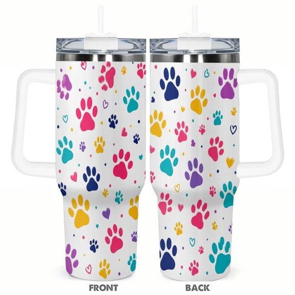 40oz Colorful Paw Print Tumbler with Handle and Straw Pet Lover Hearts Stainless Steel Insulated Travel Coffee Cup Gift