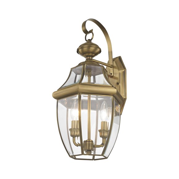 Livex Lighting 2251-01 Monterey 2 Light Outdoor Antique Brass Finish Solid Brass Wall Lantern with Clear Beveled Glass