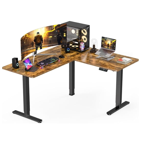 Kyspho 63" x 55" Dual Motor L-Shaped Standing Desk, Electric Height Adjustable Corner Computer Desk, Stand up Desk for Home Office, Brown