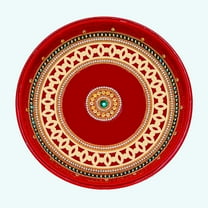 Handcrafted Red Pooja Thali Plate Platter Engagement Plate Decorative Steel Puja Thali with Essential Pooja Articles for Aarti Pooja Rituals Festival Wedding Decorations & Gifting ( Size- 10")