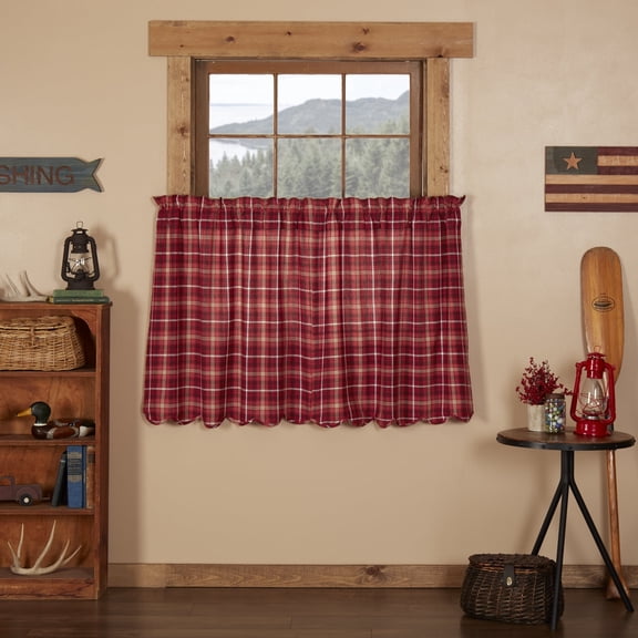 VHC Brands Rustic Red Plaid Braxton Scalloped Curtain for Kitchen & Dining Room (36 x 36 in Tier Set)