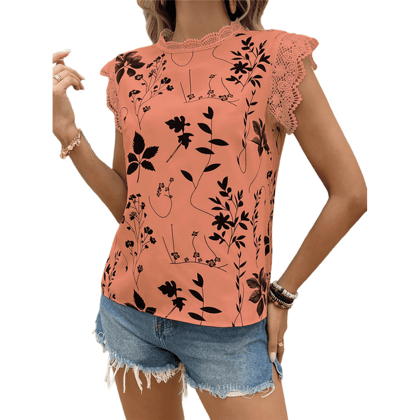 Blusas de Encaje con Estampado Floral para Mujer, Cuello Redondo, Mangas , Estilo Bohemio, Naranja y Rojo, Talla L