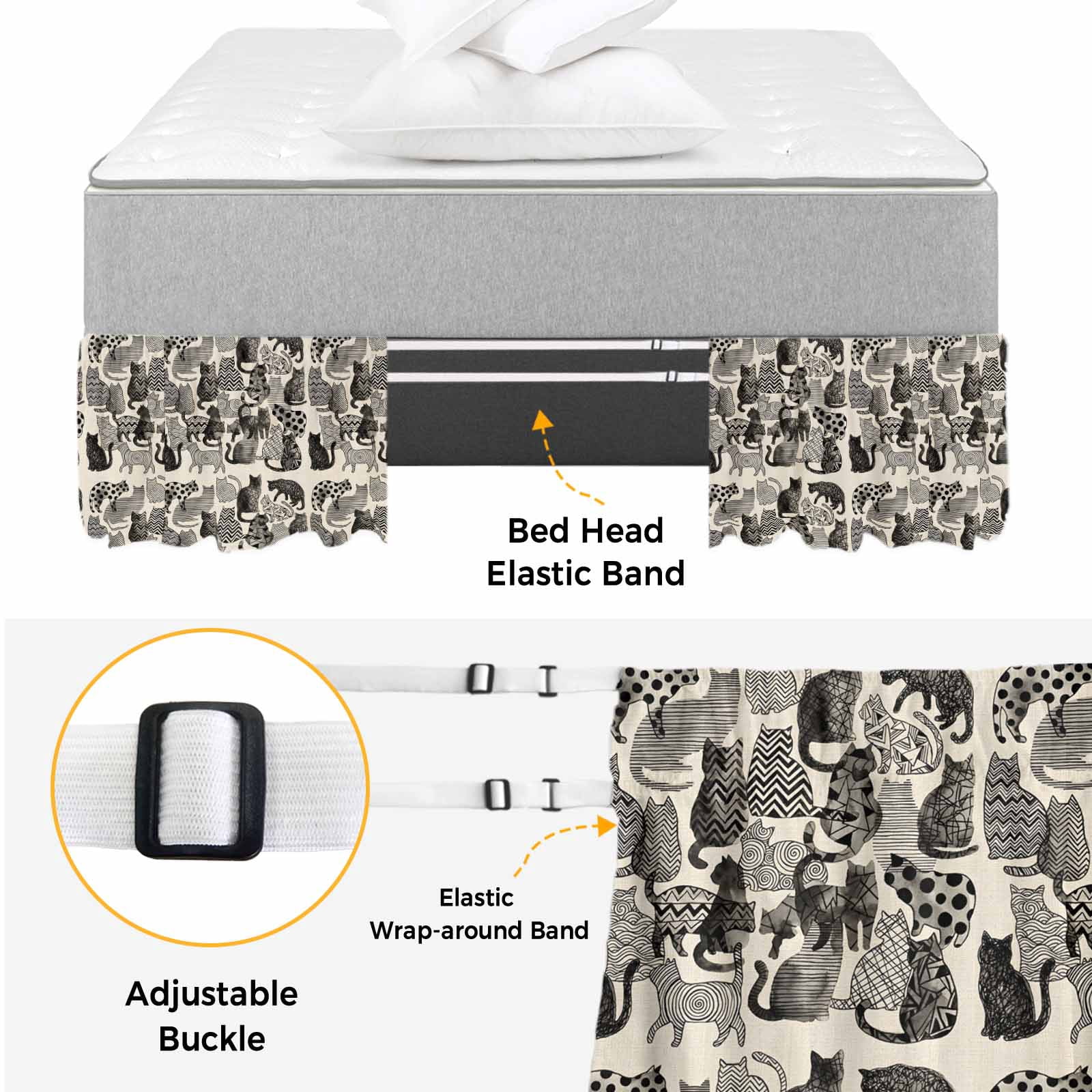 Bed Skirt Abstract Cat Vintage Adjustable Elastic Wrap-Around Dust Ruffle with Geometric Wave Dot Line Cat Memphis Art 18 Inch Drop, Bed Frame Cover for King Size Bed