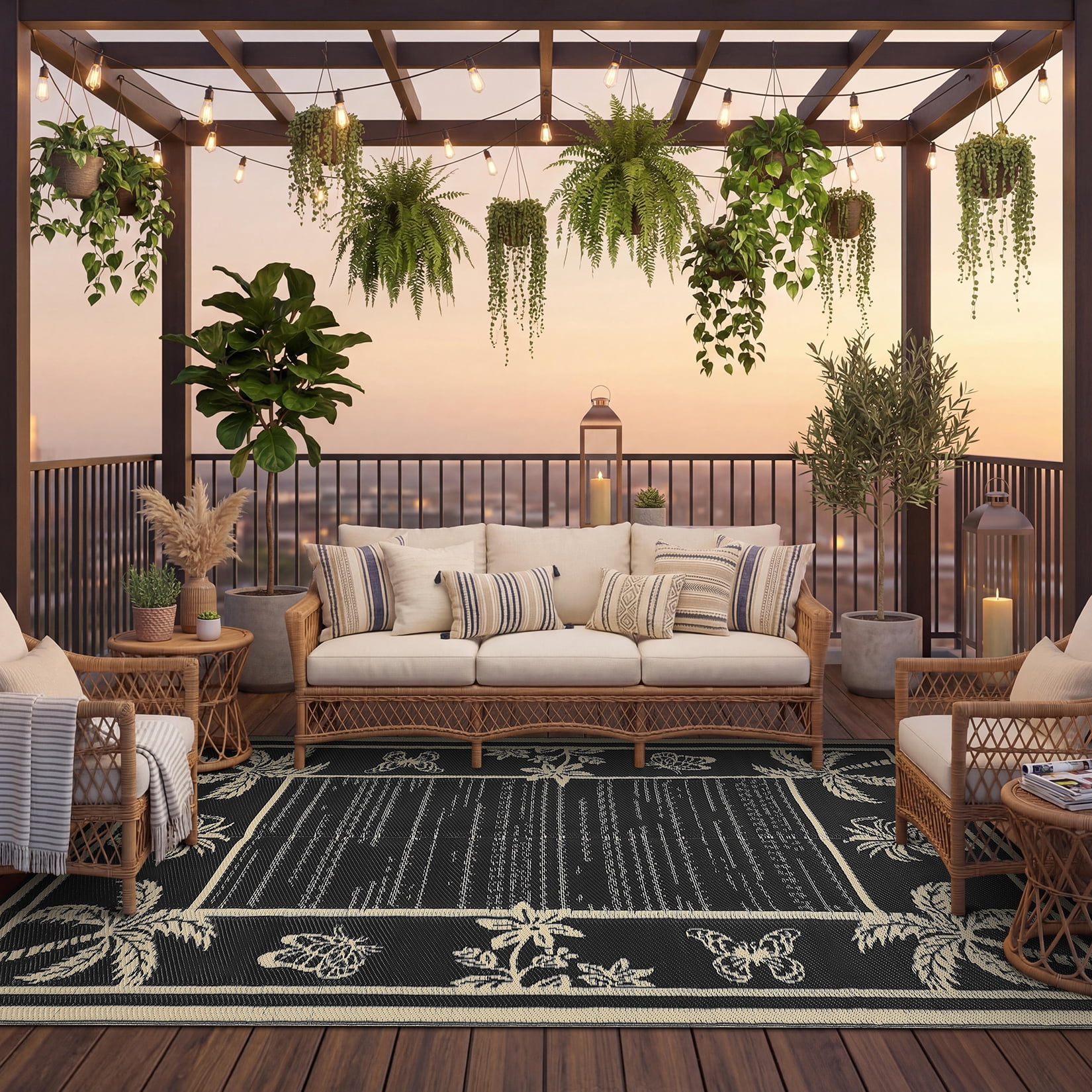 Garvee Outdoor Rug 9x12ft Waterproof Reversible Foldable Plastic Straw Rug, Tropical Leaf Border Outdoor Mat for Patio, Camping, RV, Deck, Porch, Balcony, Black Coffee