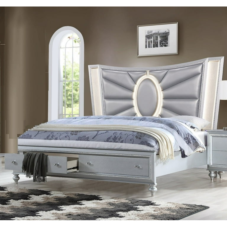 4pc Luxury Silver Queen Size Storage LED Headboard Bed Dresser Mirror Nightstand Bedroom Furniture