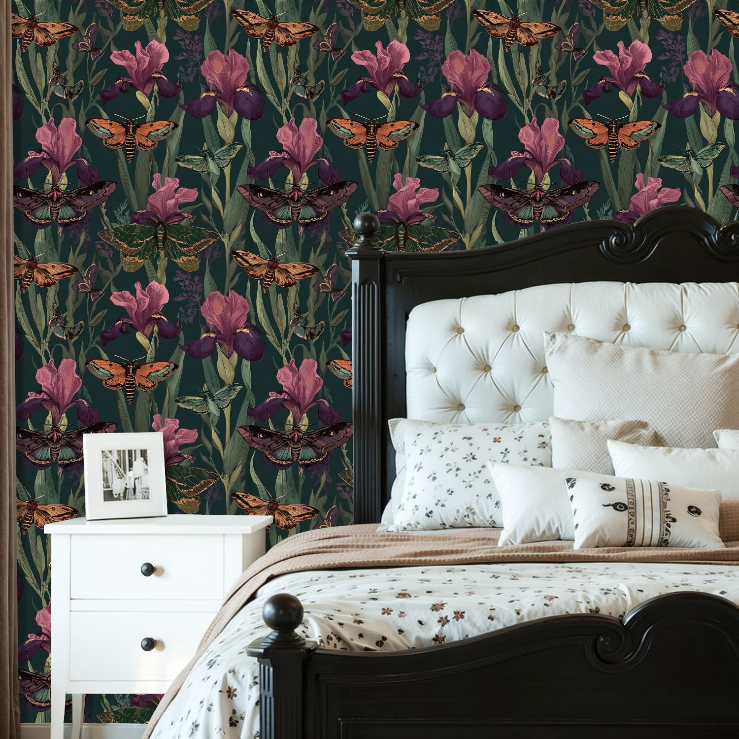 Peel and Stick Wallpaper Moths Butterflies Iris Flowers Dark Botanical Seamless Wall Mural 23.6in x 9.8ft Self Adhesive Removable Wall Paper Renter Friendly Wallpaper for Bedroom Nursery Living Room