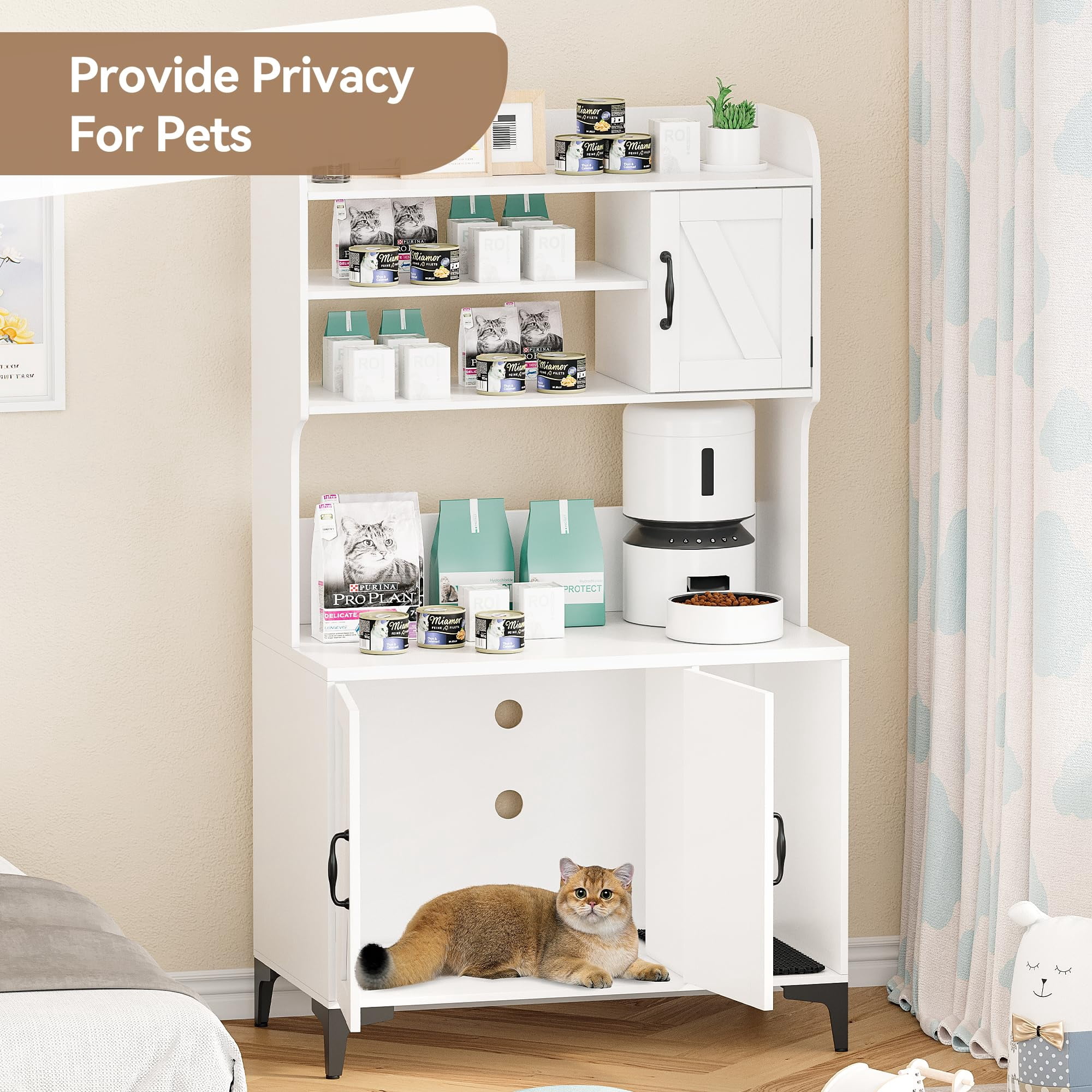 TROPOW Cat Litter Box Furniture,Hidden Cat Box Enclosure with Shelf Storage,Cat Litter Box Enclosure, Wood Sturdy Cat Washroom Storage, Indoor Cat House Furniture, White
