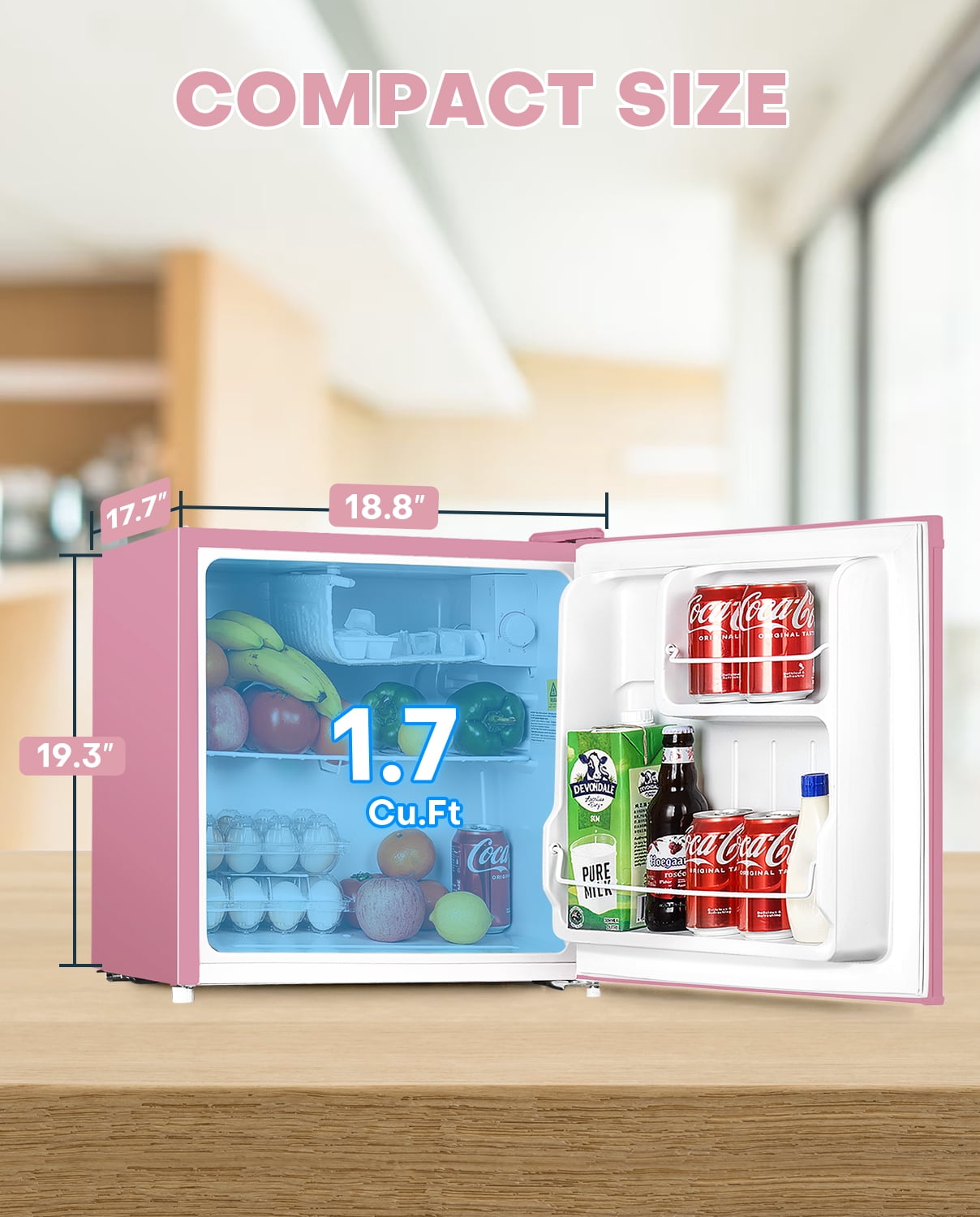 Upstreman 1.7 Cu ft Mini Fridge with Freezer Single Door Compact Refrigerator, Low Noise, Energy Saving, Adjustable Temperature, Reversible Door, for Home Office Dorm, Pink FR17