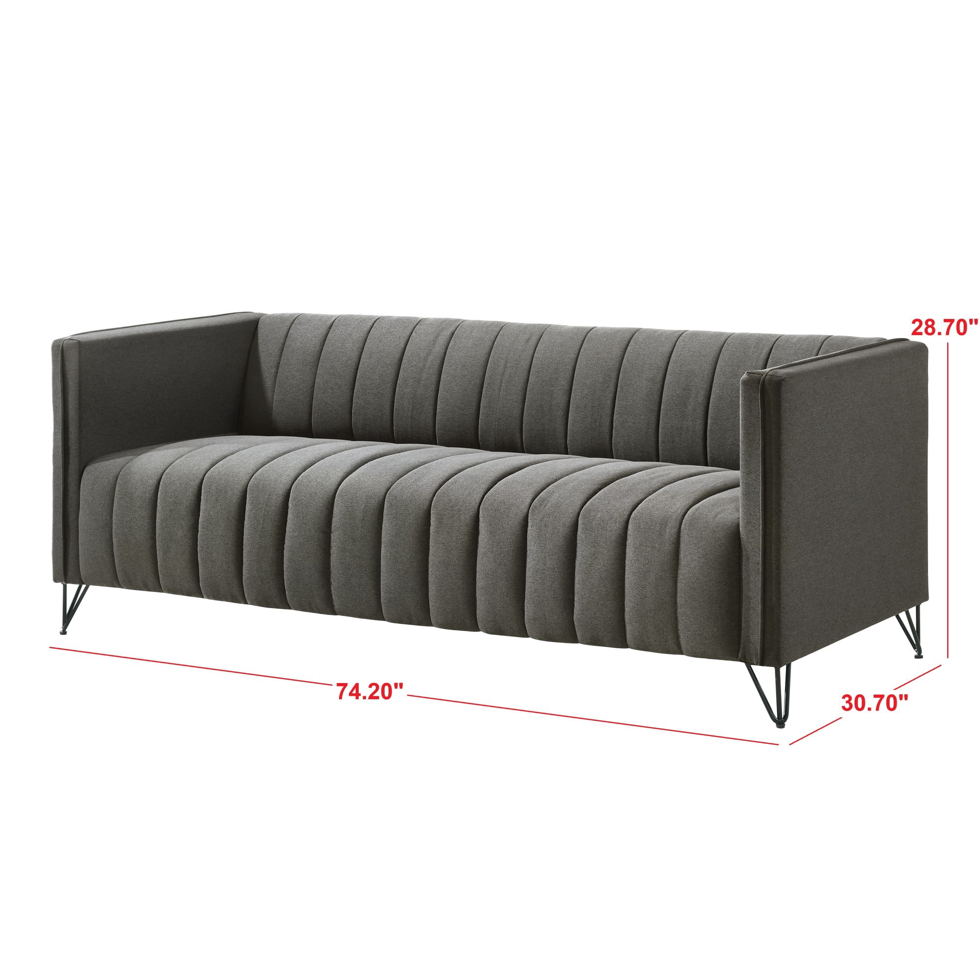Home Design Kurtis Square Arm Sofa with Tufted Velvet Upholstery and Gold Metal Legs, Flared Arms, Modern Living Room Seating, Gray