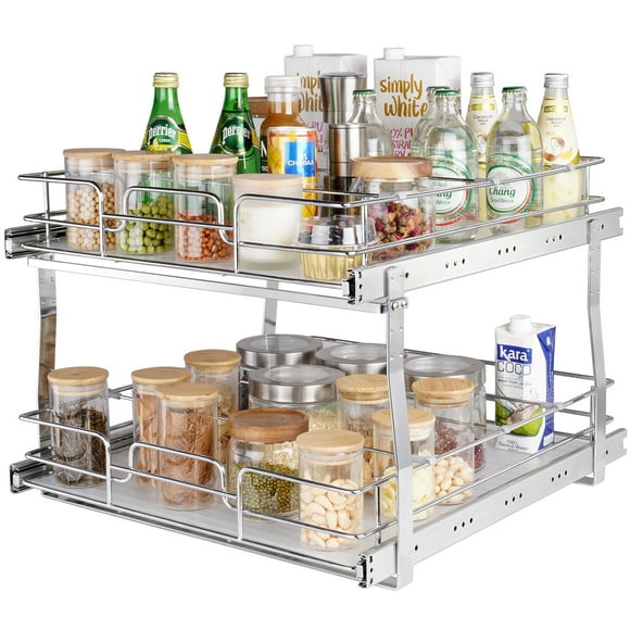 VEVOR 2 Tier 19"W x 20"D Pull Out Cabinet Organizer, Heavy Duty Slide Out Pantry Shelves, Chrome-Plated Steel Roll Out Drawers, Sliding Drawer Storage for Inside Kitchen Cabinet, Bathroom, Under Sink