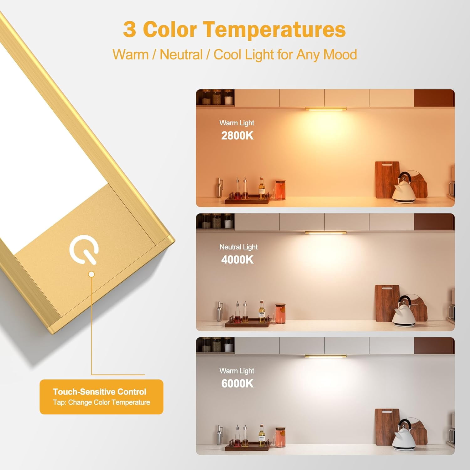V4light Rechargeable Motion Sensor Under Cabinet Light, Magnetic LED Bar 1500mAh Gold, Dimmable 3 CCT (9 in)