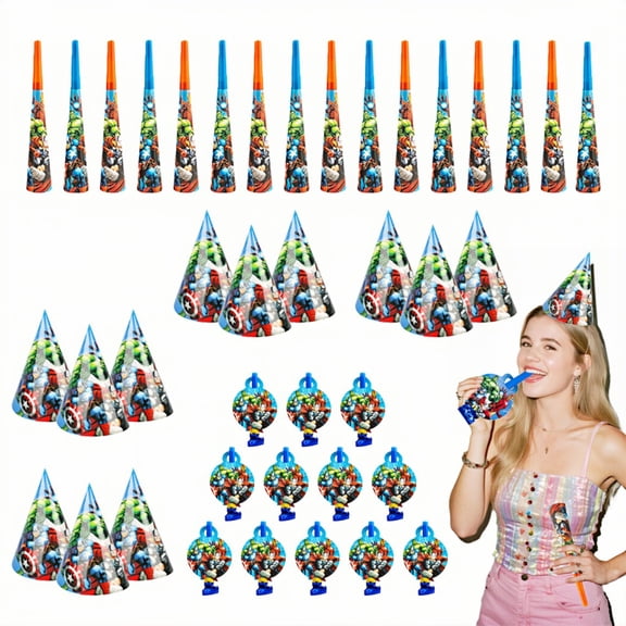 Superhero Party Supplies, 36pcs Superhero Birthday Decorations -Superhero Birthday Hats, Blowers & Horns for Kids, Superhero Theme Party Favors