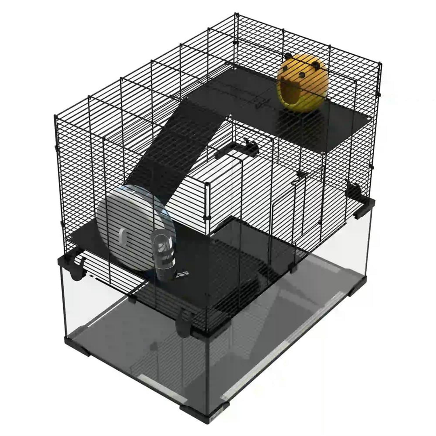 resenkos 23.5" Hamster Cage, Gerbil Cage with Glass Basin for Small Hamsters, 3 Levels Small Animal Habitats, Black