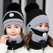 Seyurigaoka 2020 New Winter Women Beanie Scarf Set Plush Lined Pom Pom Knit Hat with Mask and Neck Warmer