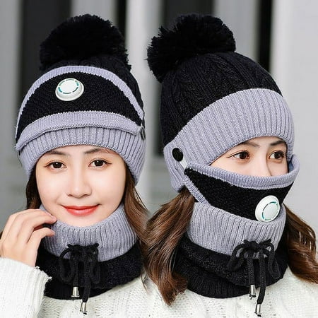 Seyurigaoka 2020 New Winter Women Beanie Scarf Set Plush Lined Pom Pom Knit Hat with Mask and Neck Warmer