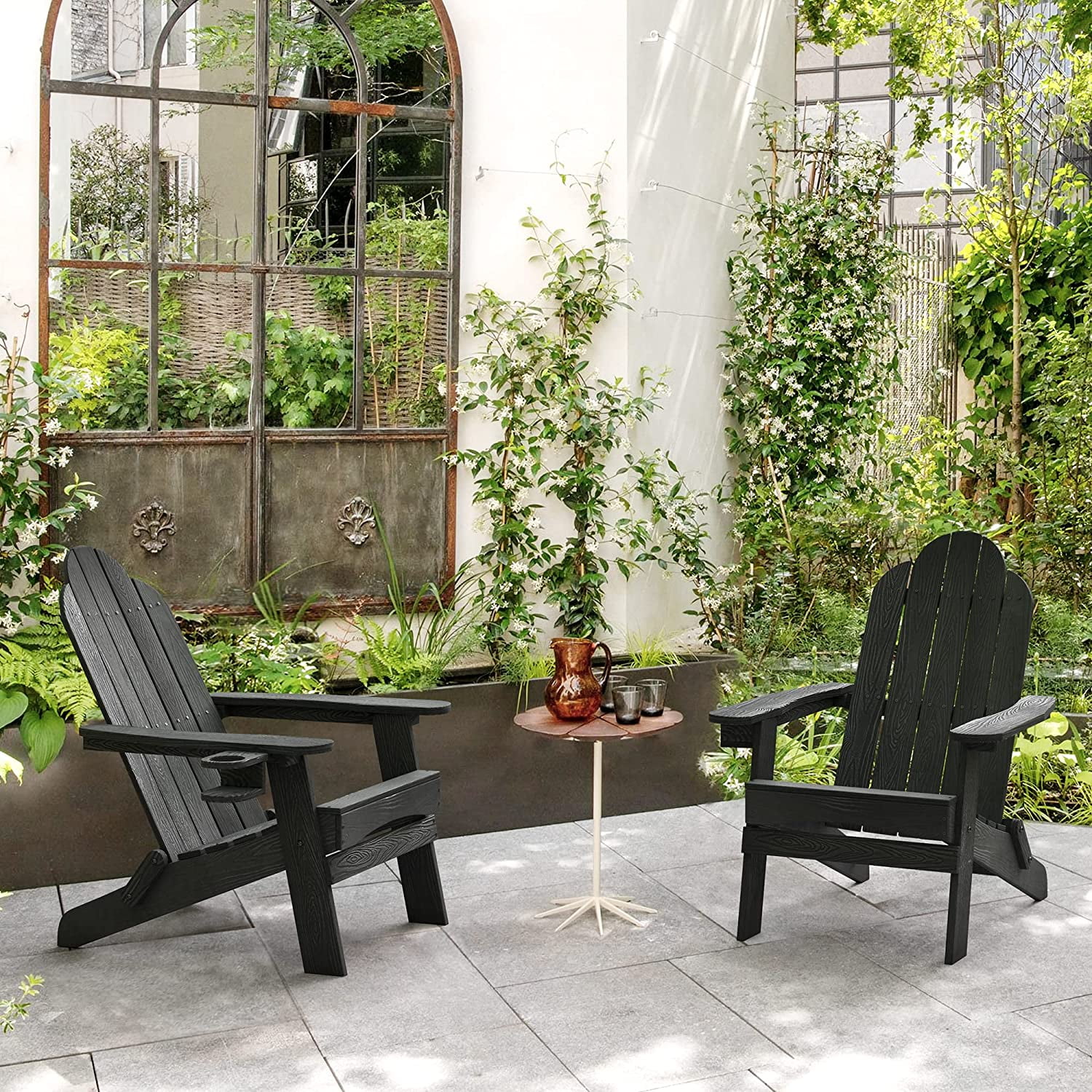 Dycanpo Folding Adirondack Chair Set of 2, Fire Pit Patio Garden Chair with Cup Holder, Black