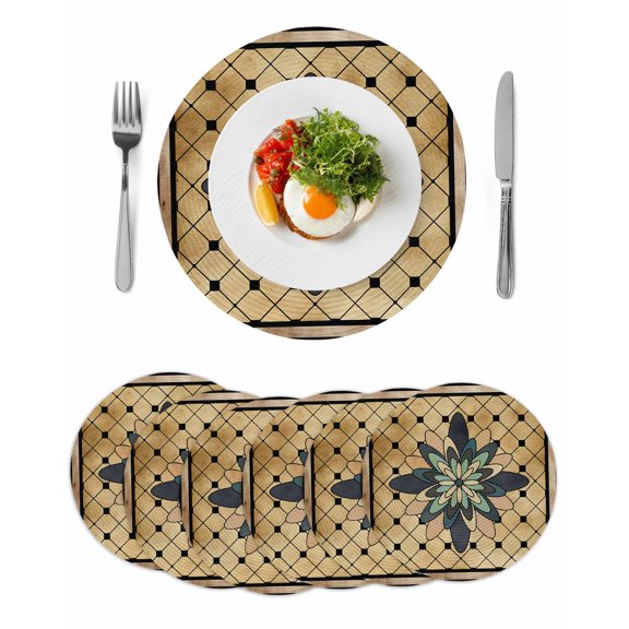Vintage Geometric Round 15 Inch Placemats Set of 6, Green Brown Abstract Plaid Checkered HeatResistant Non Slip Place Mats for Dining Table, Wipeable Braided Kitchen Table Mats for Housewarming