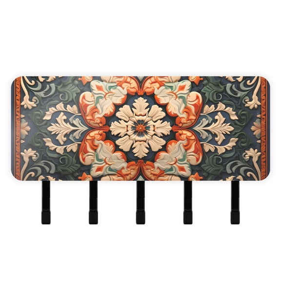 Rustic Vintage Boho Pattern Mail Holder Organizer Wall Mount with Shelf Key Holder Key Rack with 5 Key Hooks for Wall Decorative