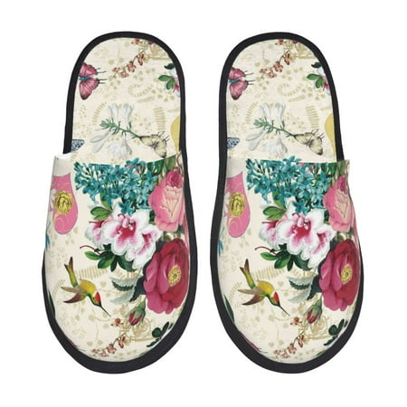 Balery Bird Butterfly Rose Slient Indoor Furry Fleece Comfort House Shoes Soft Non-Slip Home Shoes Cotton slippers House Slippers-- Medium