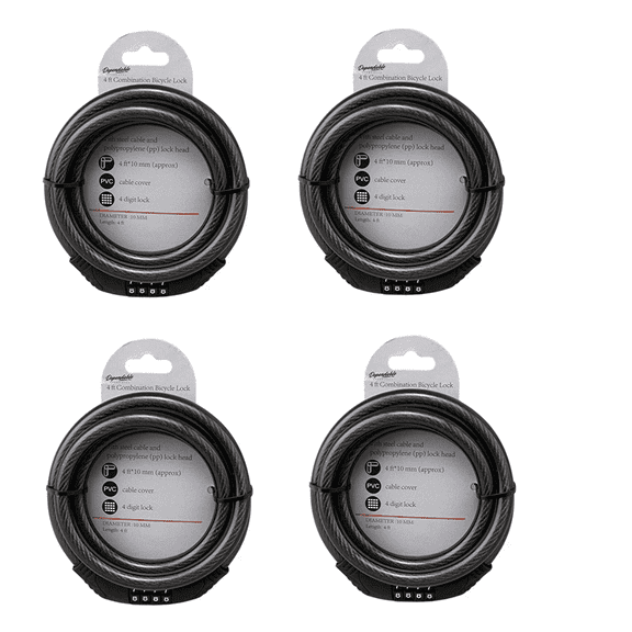 4-Pack Steel Combination Bike Lock Set 4 ft Cable, Resettable 4-Digit Code Black