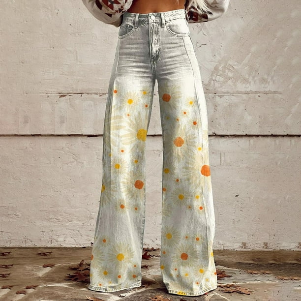WILLBEST Jeans Mujer Pantalones Vaqueros de Pierna Ancha para Mujer, de Cintura Alta, Informales, Holgados, Con Estampado Floral de Los Años 90, a La Moda, Cómodos y Elásticos. Chica