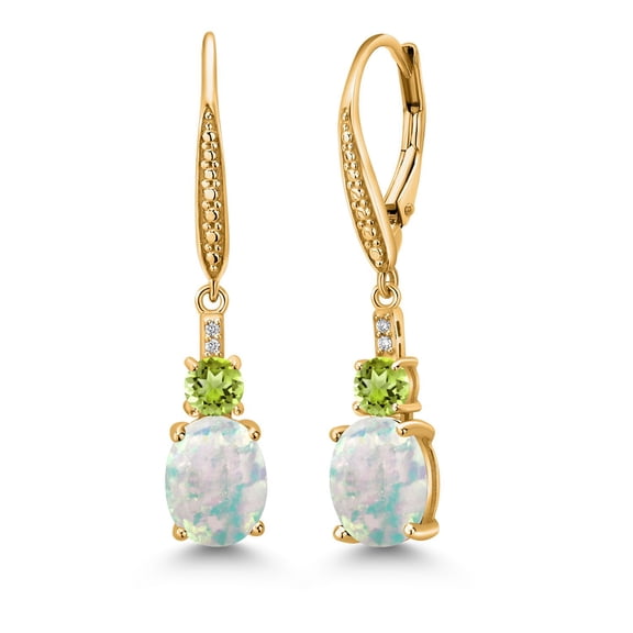 Gem Stone King 18K Yellow Gold Plated Silver White Opal and Green Peridot Dangle Earrings for Women with Lab Grown Diamond (2.63 Cttw, Oval Cabochon 9X7MM)
