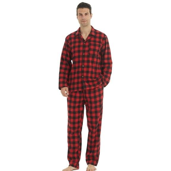 LNFINTDO Mens Flannel Pajama Sets Plaid Cotton Pajamas Pjs Set Button Down Soft Warm Lounge Sleepwear Tops & Pjs Pants, Red Plaid, Large