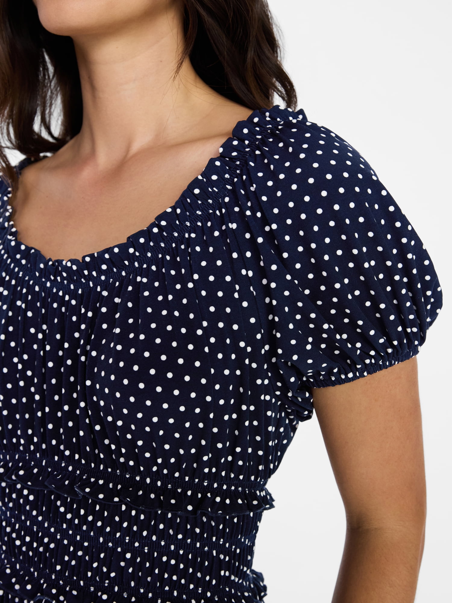Time and Tru Women's Smocked Midi Dress with Short Puff Sleeves, Sizes XS-XXXL