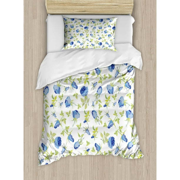 Green Flower Duvet Cover Set, Floral Pattern Abstract Rose Design