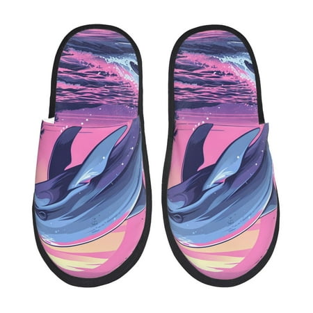 

Fuzoiu Hawaiian Beach Dolphin Print Unisex Furry Slippers Plush Indoor Shoes Trendy House Slippers Anti-Skid EVA Sole House Shoes for Home Office and Travel -Medium