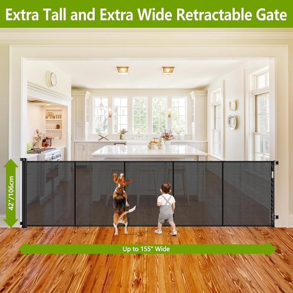 Reinforced 42 Tall Retractable Dog Gate with Support Rods -  Long  Fence for Indoor Outdoor Use, Black