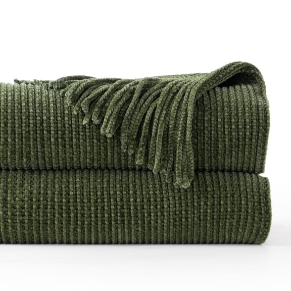 Battilo Olive Green Throw Blanket,Chenille Knit Throws with Tassels, Green Throws for Couch Bed,50"x60"