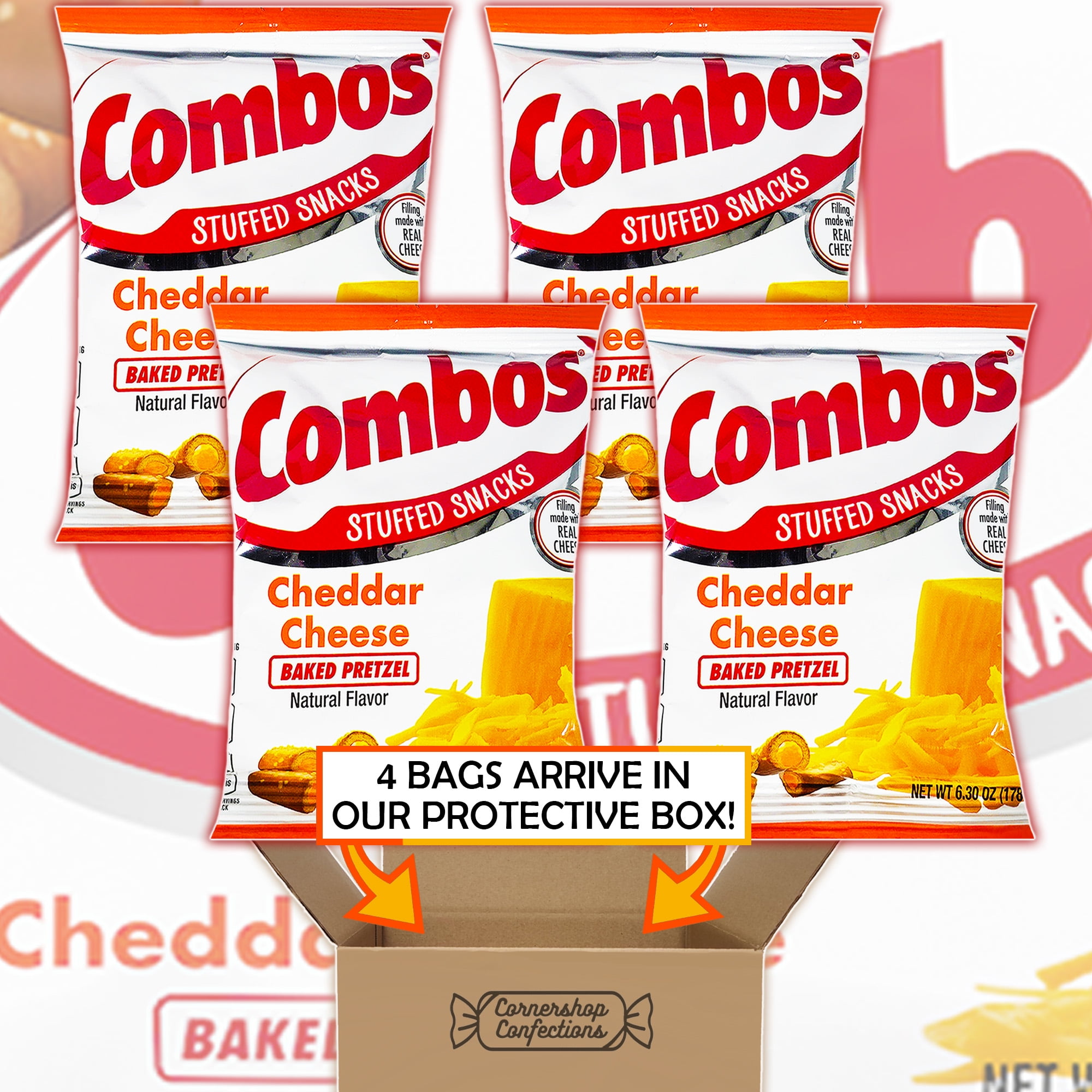 Combos Cheddar Cheese Flavored Baked Pretzel Bulk Pack - 4 Separate 6.3 oz Bags for Over 24 Ounces Total - Stuffed Pretzel Snacks for Road Trips, School, Work in Cornershop Confections Pack