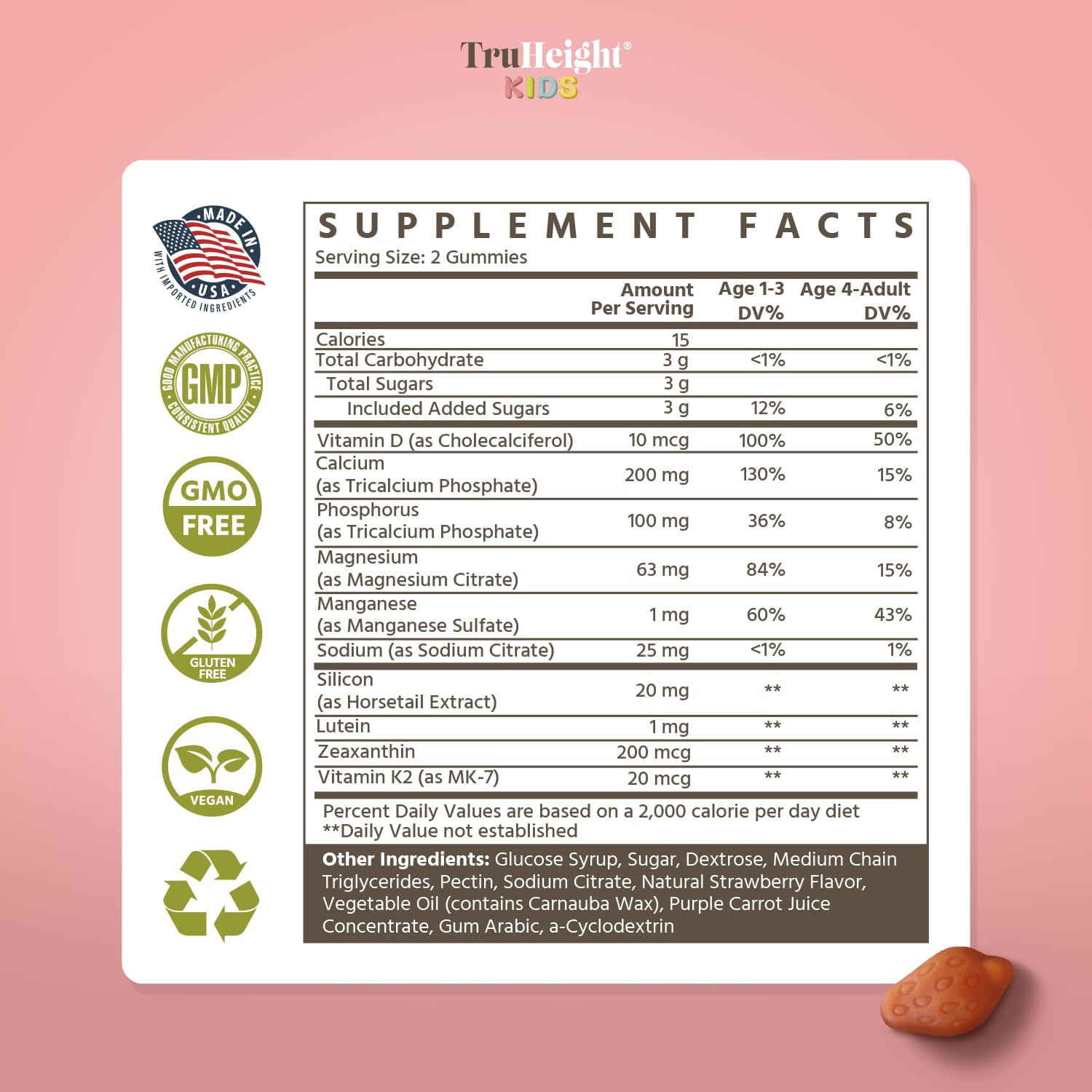TruHeight Kids Bone Growth Gummies (Strawberry, Ages 2+) All Natural Kids & Toddler Vitamins - Vitamin D, Calcium, K2, Magnesium Multivitamin, Natural Growth & Development, Builds Strong Bones, Vegan