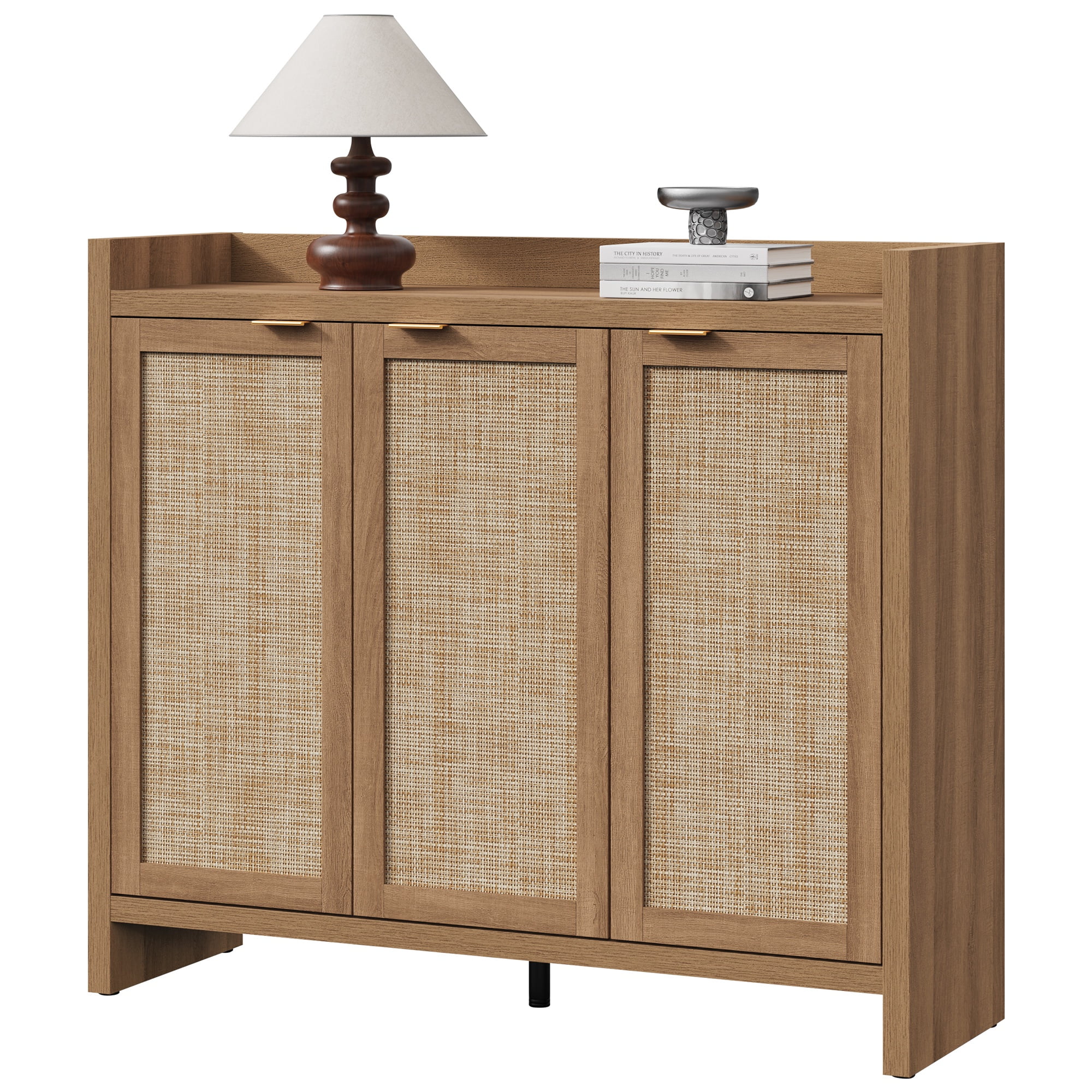 SICOTAS 7 Tier Shoe Storage Cabinet for Entryway, 30 Pairs Rattan Shoe Rack Cabinet with Doors & Adjustable Shelves, Freestanding Boho Shoe Organizer Cabinet for Hallway, Oak