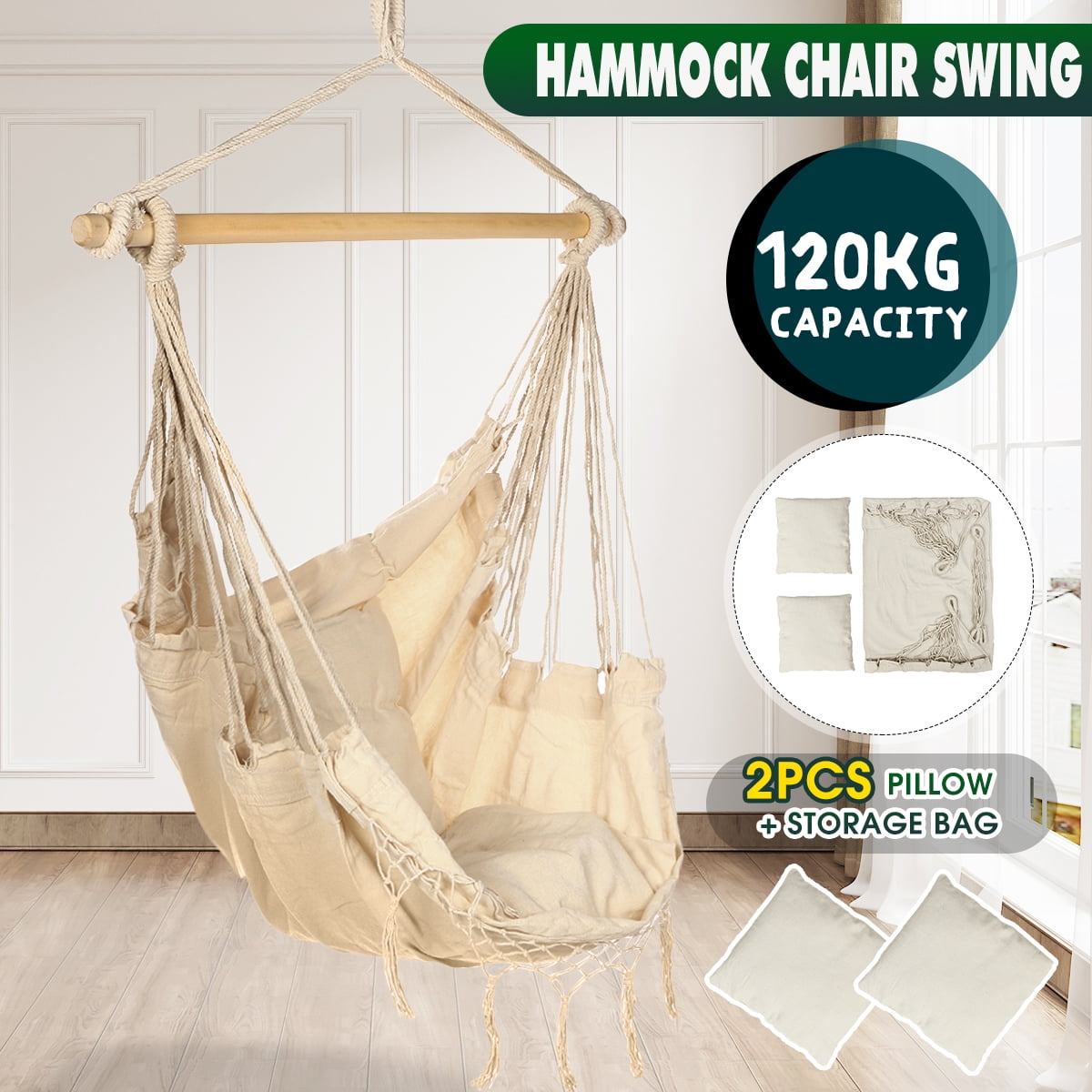 Hanging Hammock Chair Swing Indoor Outdoor Garden Yard Soft Seat With 2 Pillows