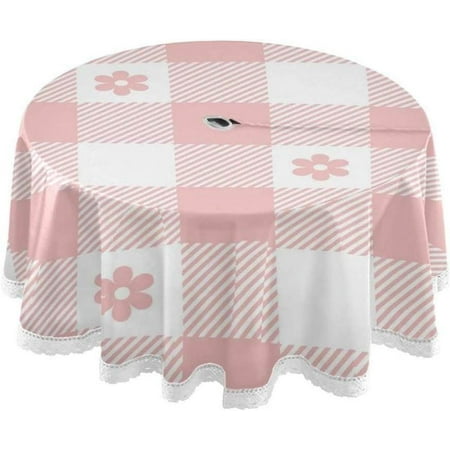 

Hyjoy Baby Pink Floral Plaid Outdoor Round Tablecloth Waterproof Stain-Resistant Non-Slip Circular Tablecloth 60 Inch with Umbrella Hole and Zipper for Tabletop Backyard Party BBQ Decor