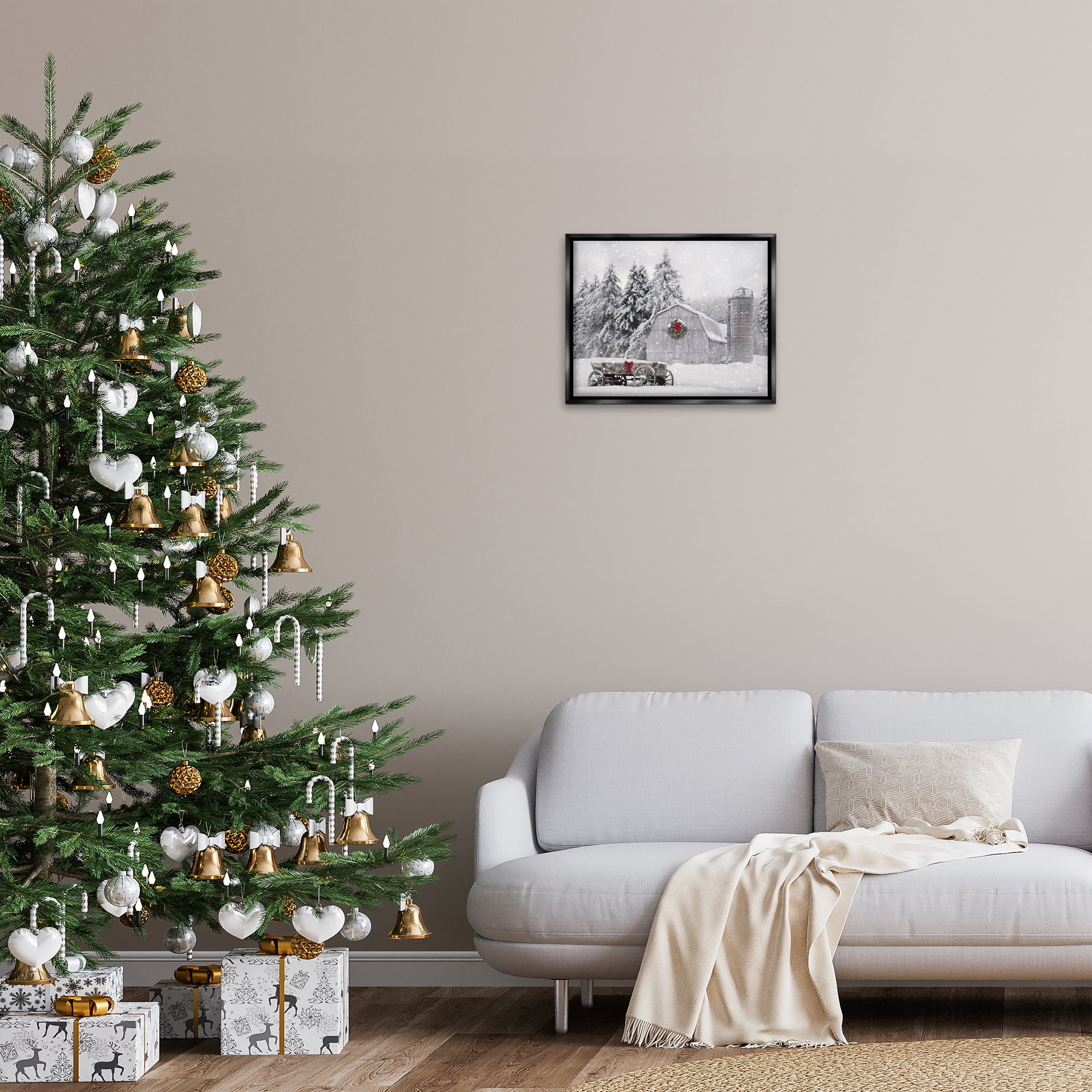 Stupell Industries Snow Covered Farmland Holiday Painting Black Floater Framed Canvas Art Prints Wall Art, 21 x 17