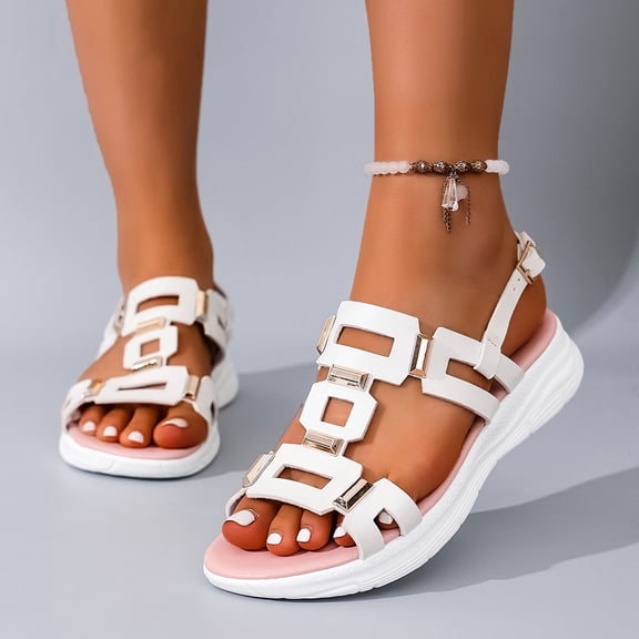 Lydiaunistar Women's Adjustable Ankle Strap Low Heel Sandals Geometric Buckle Comfortable Open Toe Walking Shoes White 9.5